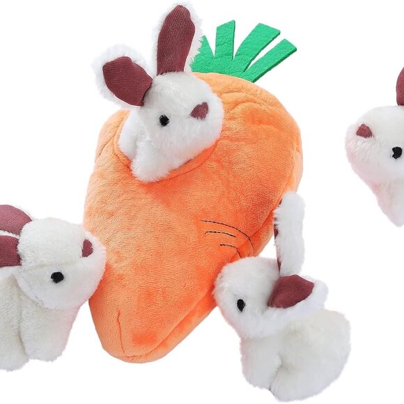 Other - Hide and Seek Squeaky Dog Plush Toy, Rabbit and Carrot, Orange and White, 5 Pack